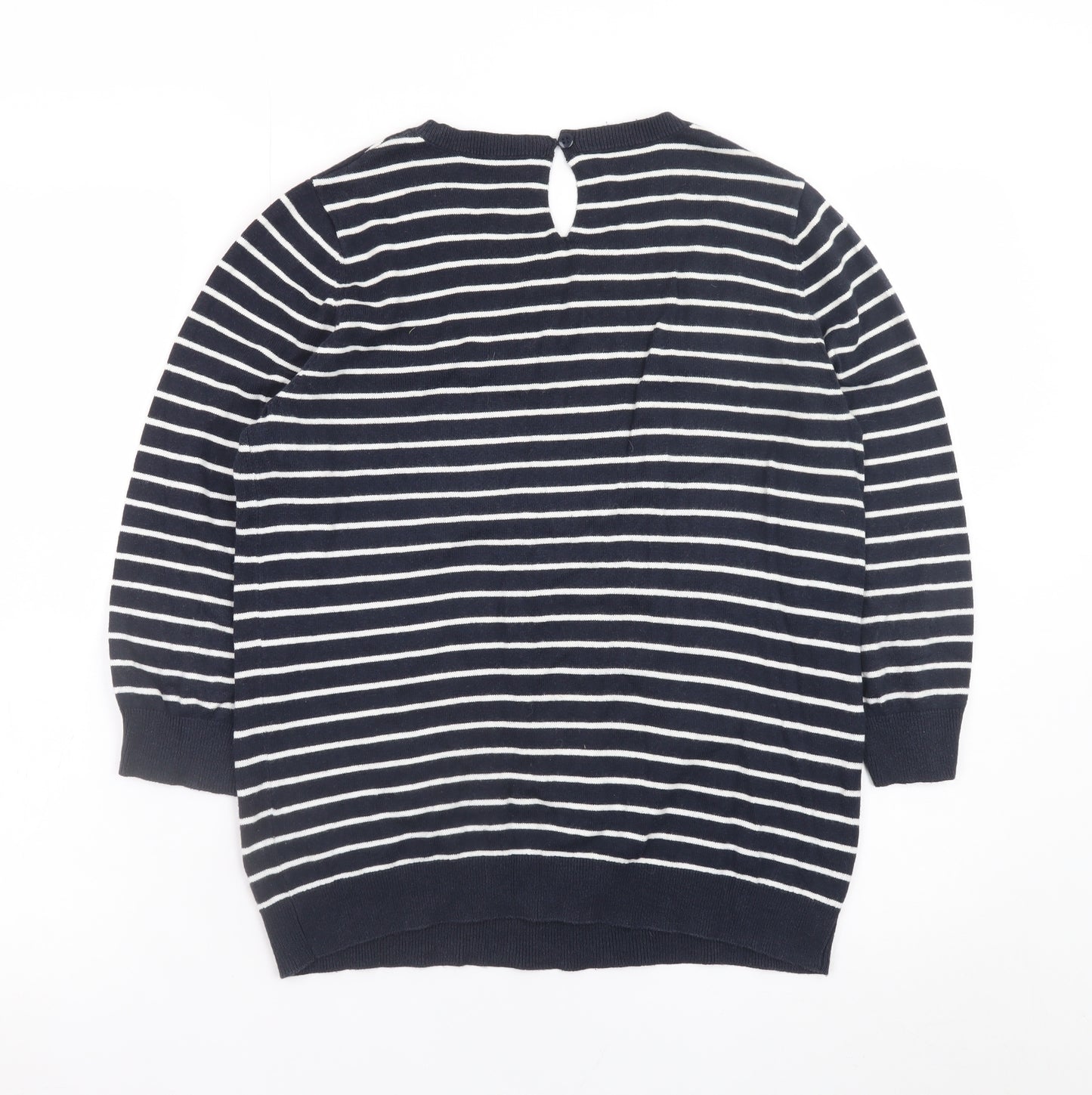 Oasis Women's Blue Striped Beaded Crew Neck Jumper Size M