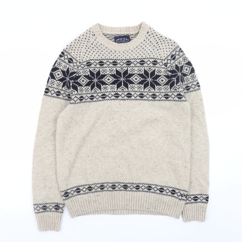 Criminal Mens Beige Fair Isle Wool Blend Crew Neck Jumper M