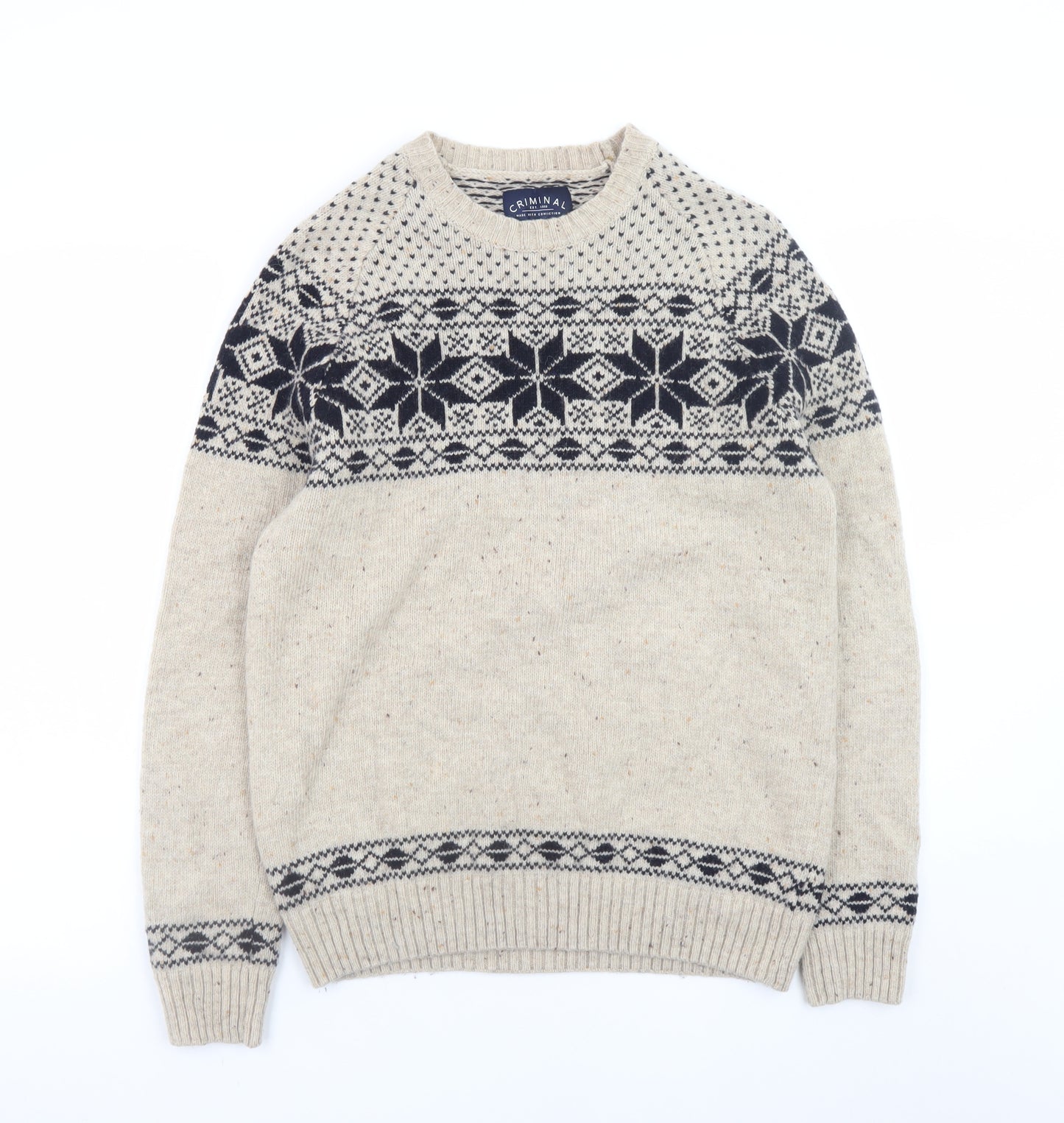 Criminal Mens Beige Fair Isle Wool Blend Crew Neck Jumper M