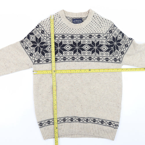 Criminal Mens Beige Fair Isle Wool Blend Crew Neck Jumper M