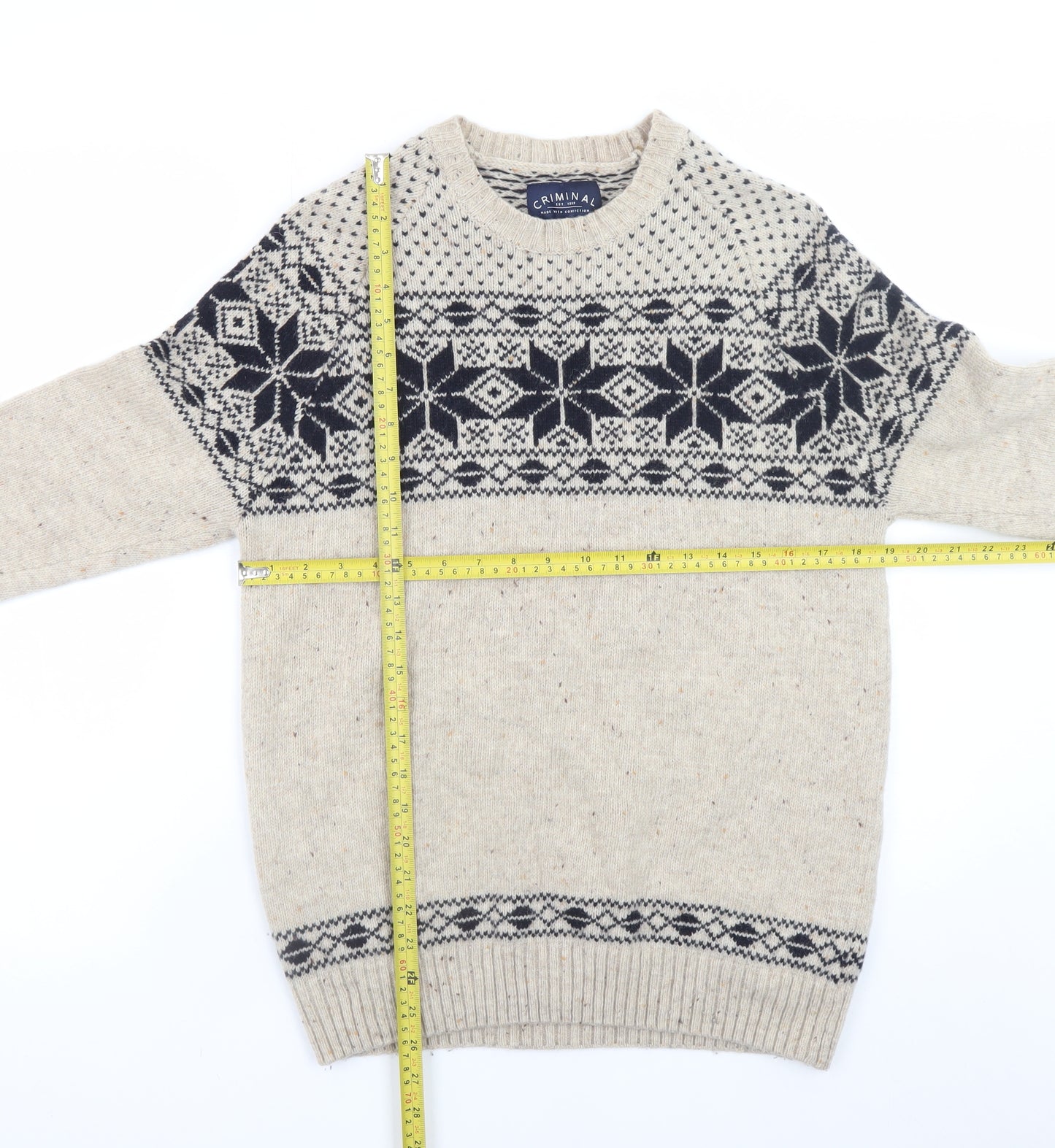 Criminal Mens Beige Fair Isle Wool Blend Crew Neck Jumper M