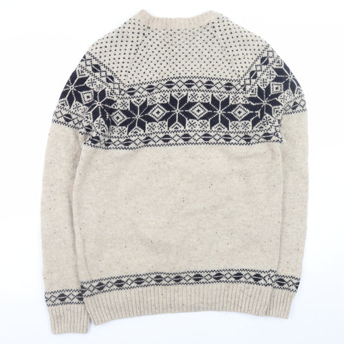 Criminal Mens Beige Fair Isle Wool Blend Crew Neck Jumper M