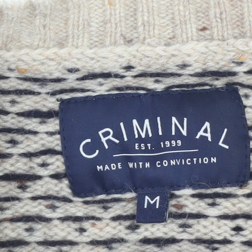 Criminal Mens Beige Fair Isle Wool Blend Crew Neck Jumper M