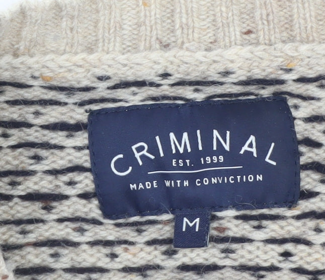 Criminal Mens Beige Fair Isle Wool Blend Crew Neck Jumper M