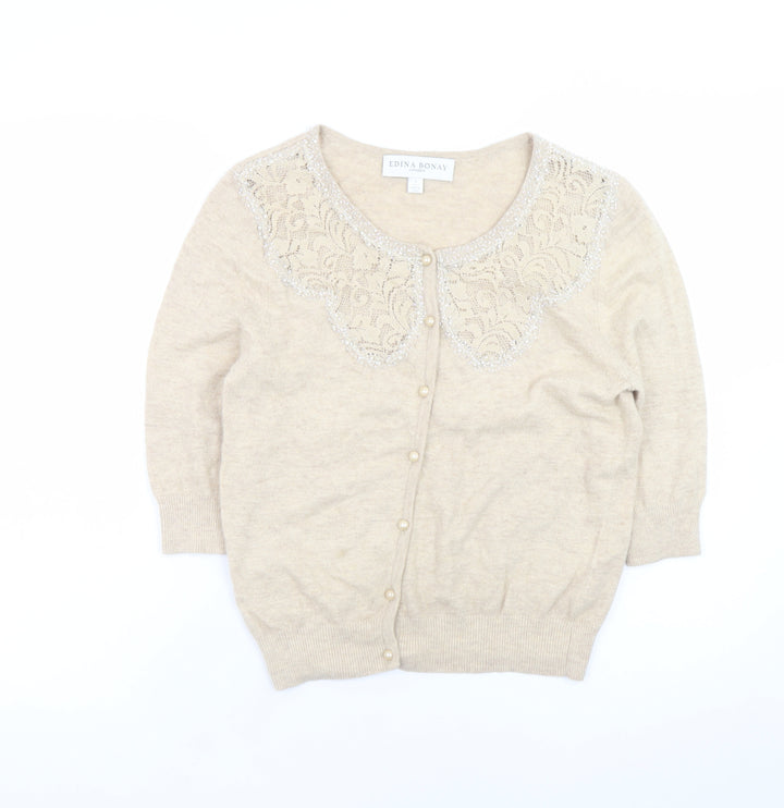 Edina Ronay Women Beige Cardigan UK 10 Lace Collar Angora Blend