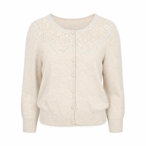 Edina Ronay Women Beige Cardigan UK 10 Lace Collar Angora Blend