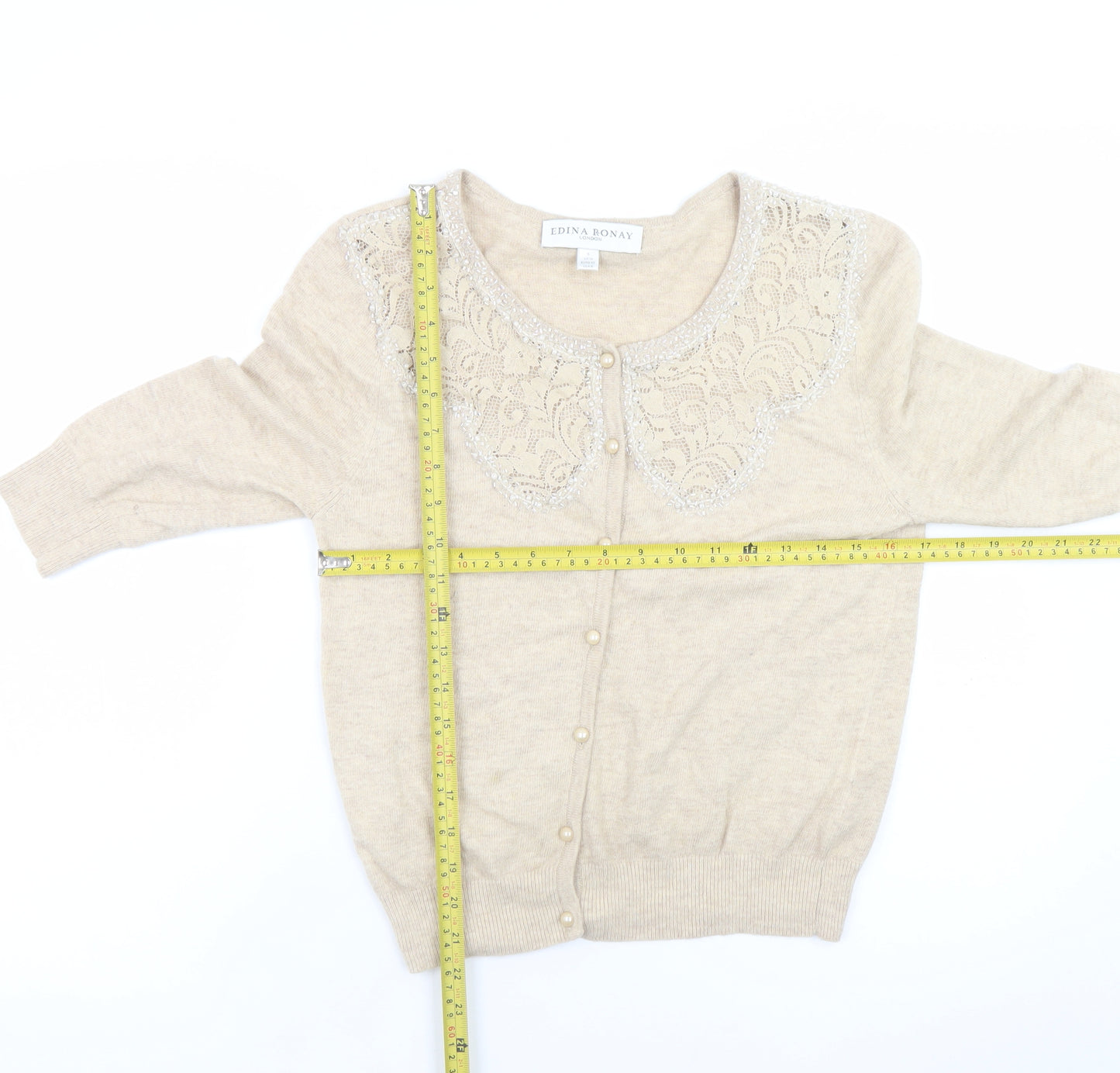 Edina Ronay Women Beige Cardigan UK 10 Lace Collar Angora Blend