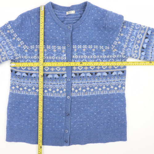 WoolOvers Womens Blue Fair Isle Lambswool Cardigan Size M