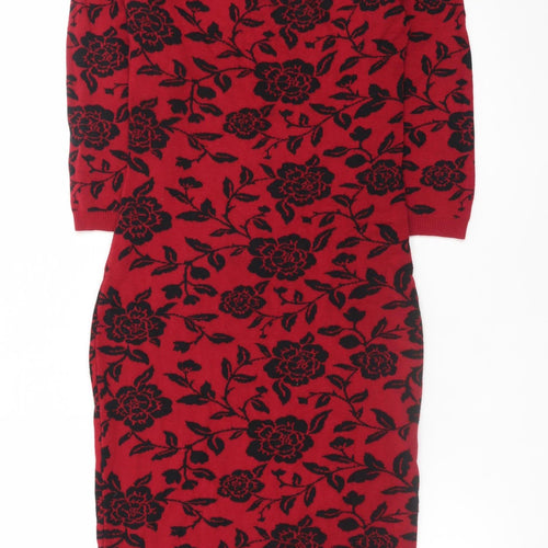 Collectif Vintage Womens Red Floral Knit Bodycon Dress UK 14