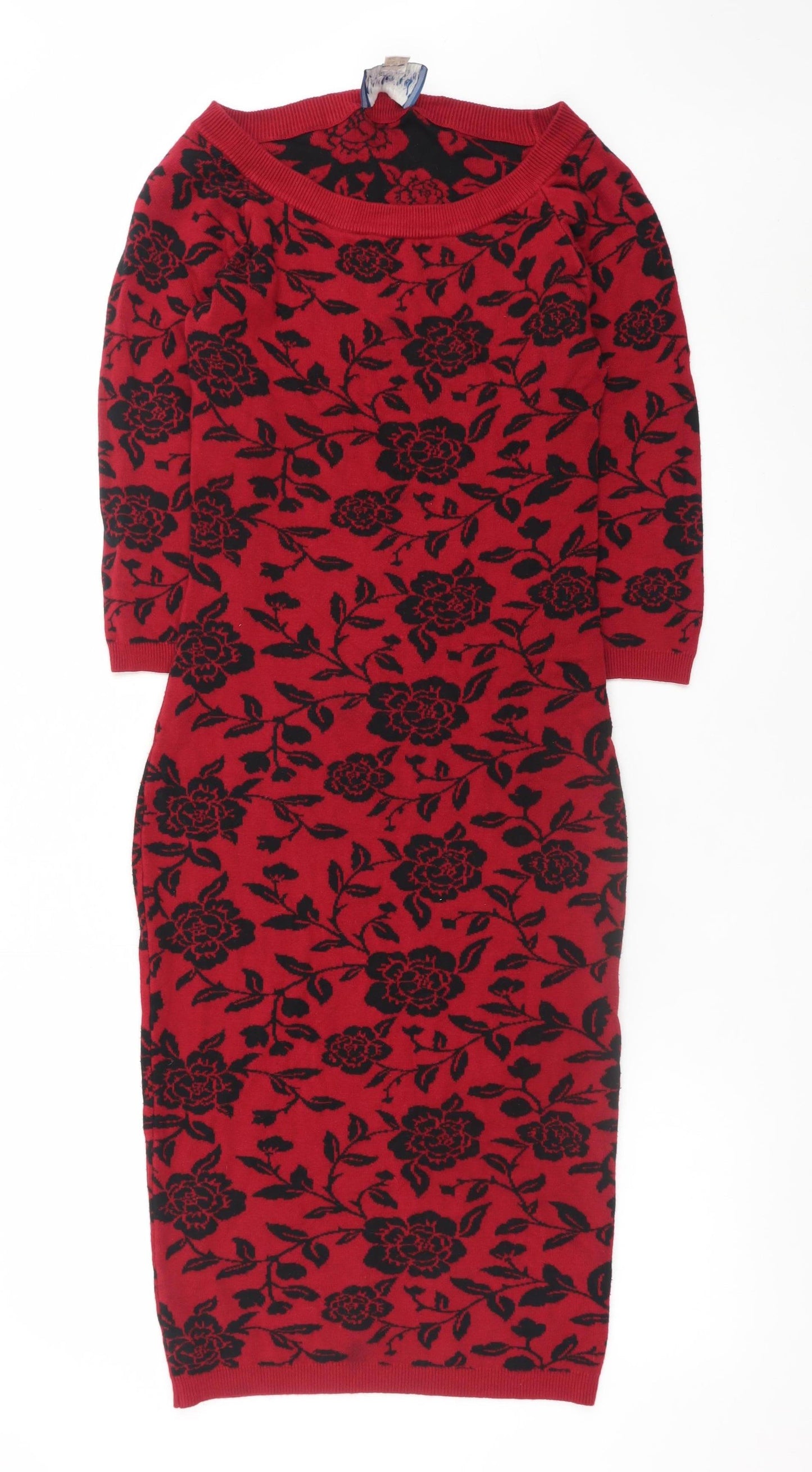 Collectif Vintage Womens Red Floral Knit Bodycon Dress UK 14