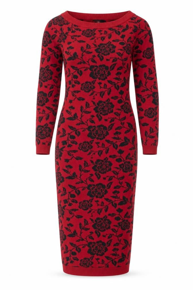 Collectif Vintage Womens Red Floral Knit Bodycon Dress UK 14