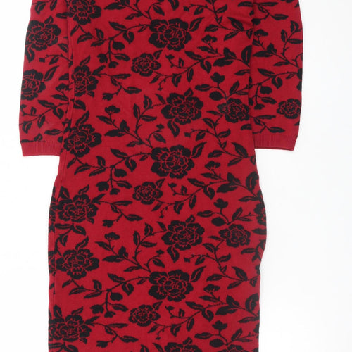 Collectif Vintage Womens Red Floral Knit Bodycon Dress UK 14
