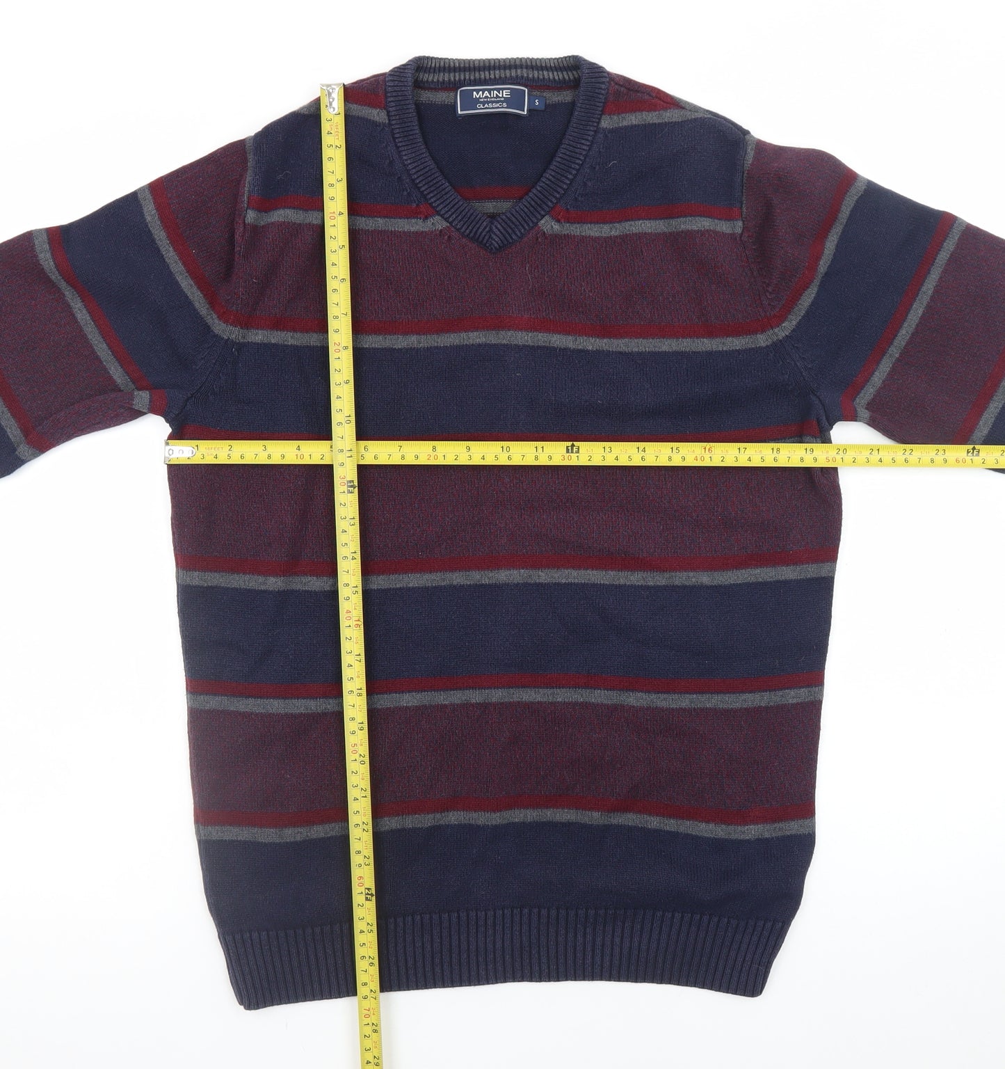 Maine New England Men’s Blue Striped Cotton V-Neck Jumper Size S
