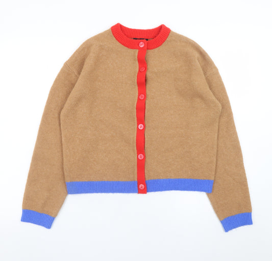 New Look Women Brown Colour Block Cardigan Crew Neck Size S