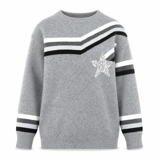 Front view of Next Women Grey Sequin Star Striped Knit Jumper, size S