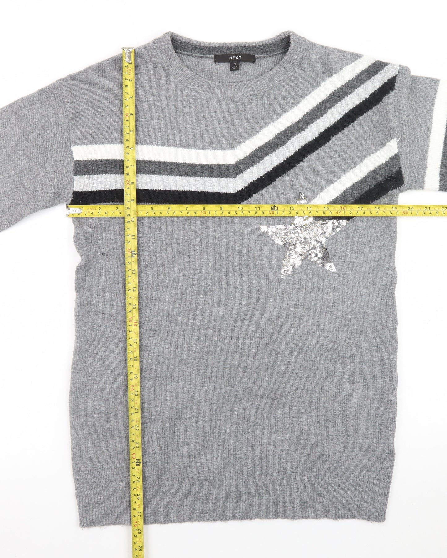 Next Women Grey Sequin Star Striped Knit Jumper Size S