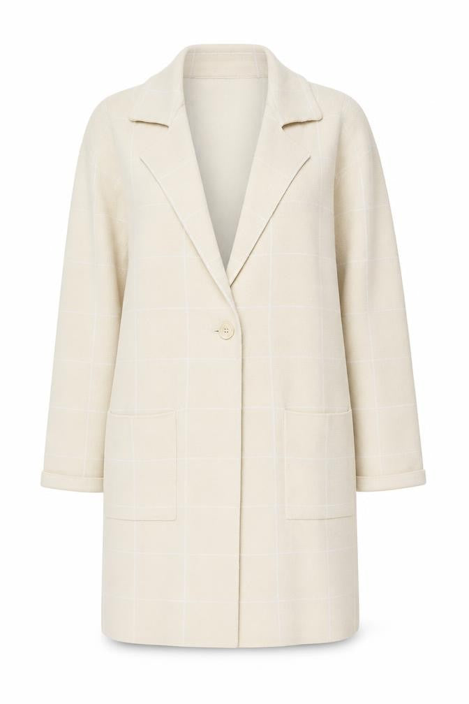 Front view of Centigrade Women’s Beige Long Check Coatigan M Classic Smart Casual