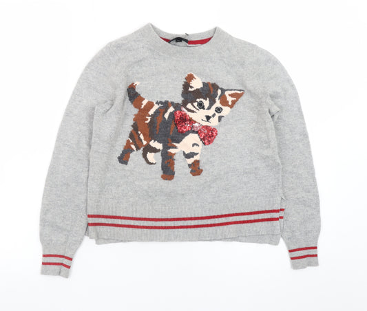 Topshop Womens Grey Cat Sequin Jumper Size 8 Long Sleeve Knit Pullover