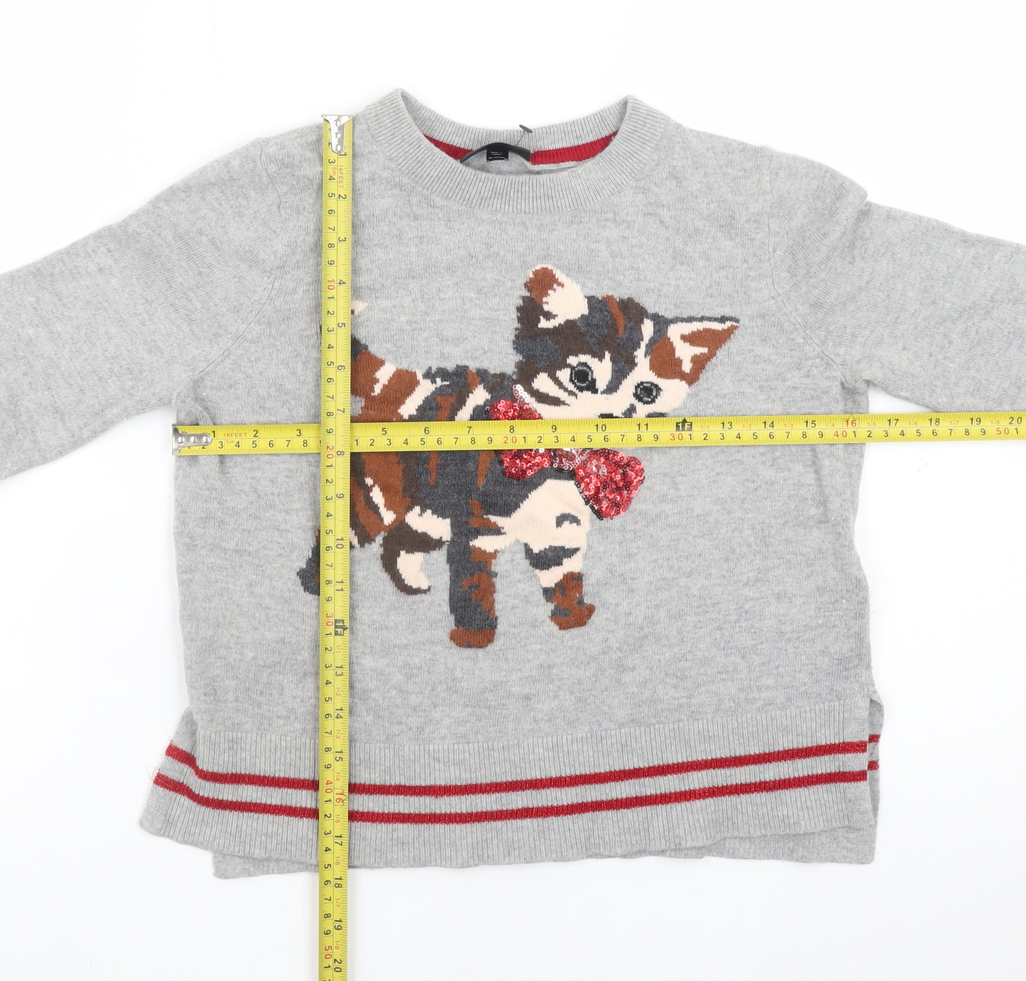 Topshop Womens Grey Cat Sequin Jumper Size 8 Long Sleeve Knit Pullover