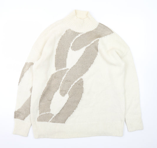 Reiss Womens Ivory Wool Blend High Neck Geometric Jumper M