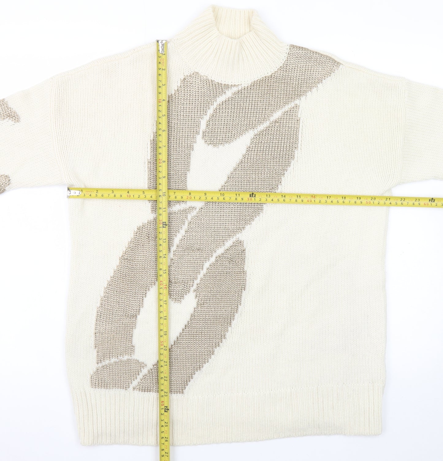 Reiss Womens Ivory Wool Blend High Neck Geometric Jumper M