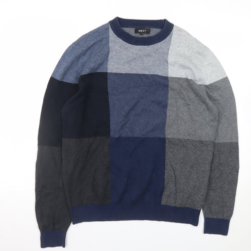 Next Men's Blue Check Knit Crew Neck Pullover Jumper Size M