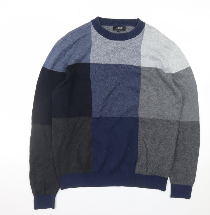 Next Men's Blue Check Knit Crew Neck Pullover Jumper Size M