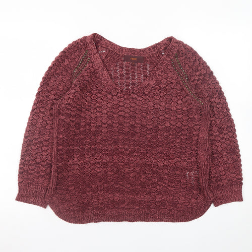 Next Women Red V-Neck Open-Knit Jumper Size 14 Cotton Blend