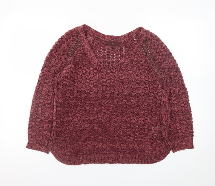 Next Women Red V-Neck Open-Knit Jumper Size 14 Cotton Blend