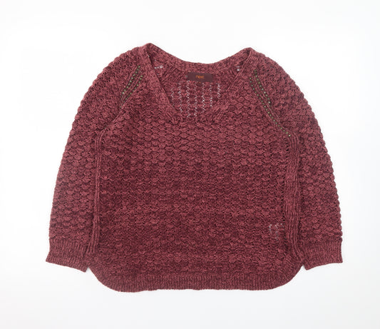 Next Women Red V-Neck Open-Knit Jumper Size 14 Cotton Blend