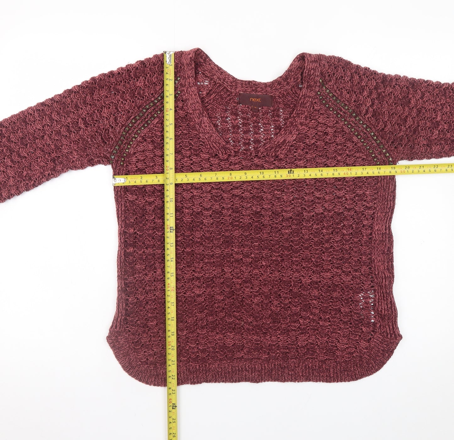 Next Women Red V-Neck Open-Knit Jumper Size 14 Cotton Blend