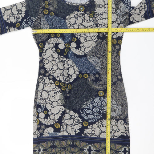 Apricot Women Blue Floral Shift Dress UK 10 Stretch Jersey 3/4 Sleeve