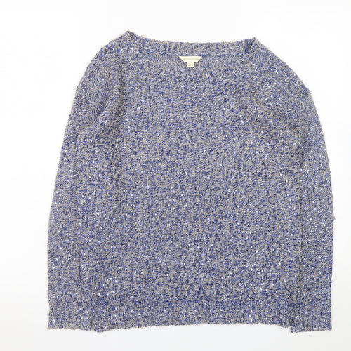 Monsoon Women Blue Sequin Knit Jumper Size S Boat Neck Long Sleeve