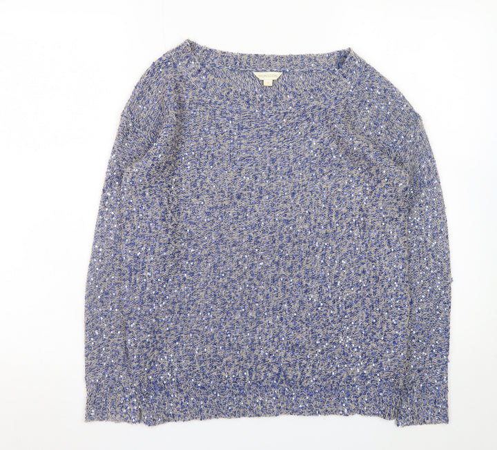 Monsoon Women Blue Sequin Knit Jumper Size S Boat Neck Long Sleeve
