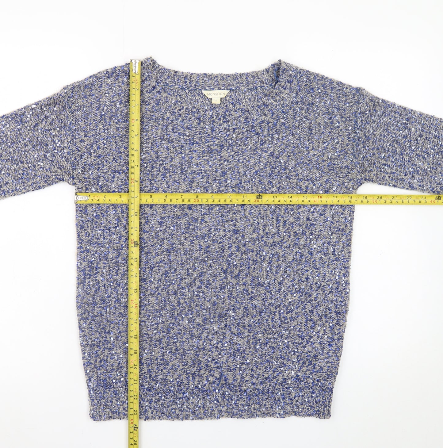 Monsoon Women Blue Sequin Knit Jumper Size S Boat Neck Long Sleeve