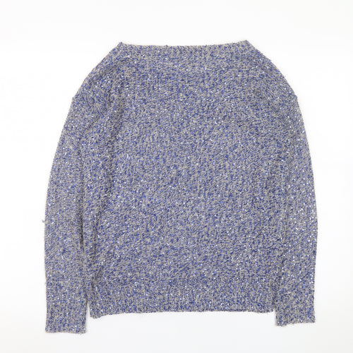 Monsoon Women Blue Sequin Knit Jumper Size S Boat Neck Long Sleeve