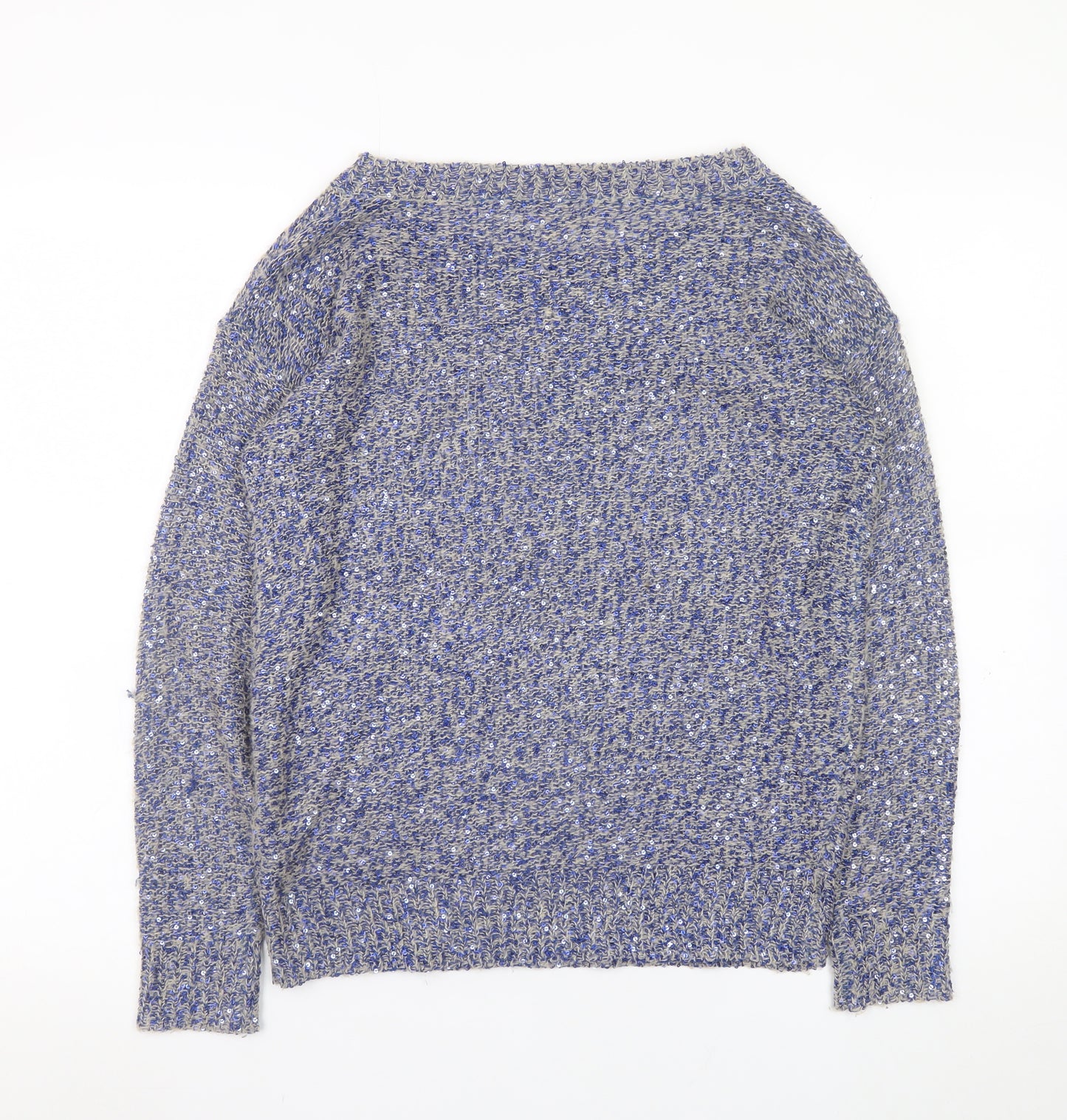 Monsoon Women Blue Sequin Knit Jumper Size S Boat Neck Long Sleeve