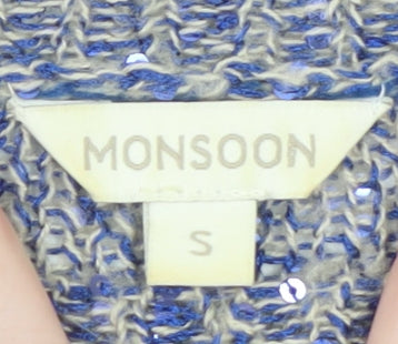 Monsoon Women Blue Sequin Knit Jumper Size S Boat Neck Long Sleeve