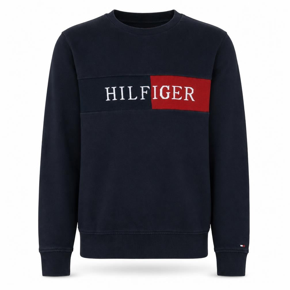 Front view of Tommy Hilfiger Men’s Blue Small Pullover Sweatshirt Logo Crew Neck