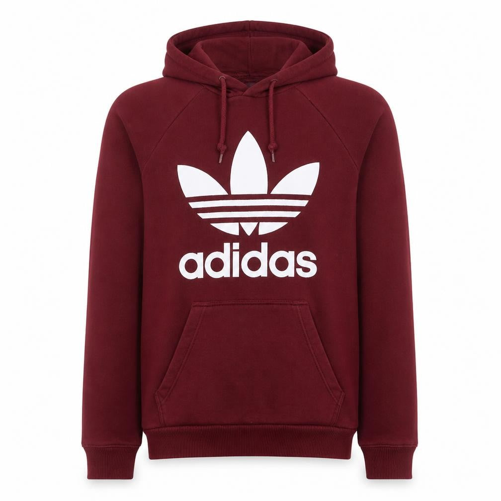 Front view of Adidas Men’s Red Pullover Hoodie Small Logo Fleece Sweatshirt