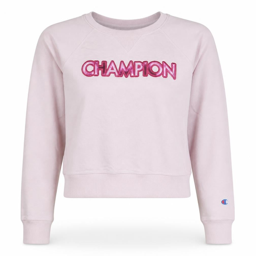Front view of Champion women’s pink pullover sweatshirt xs graphic logo crew neck