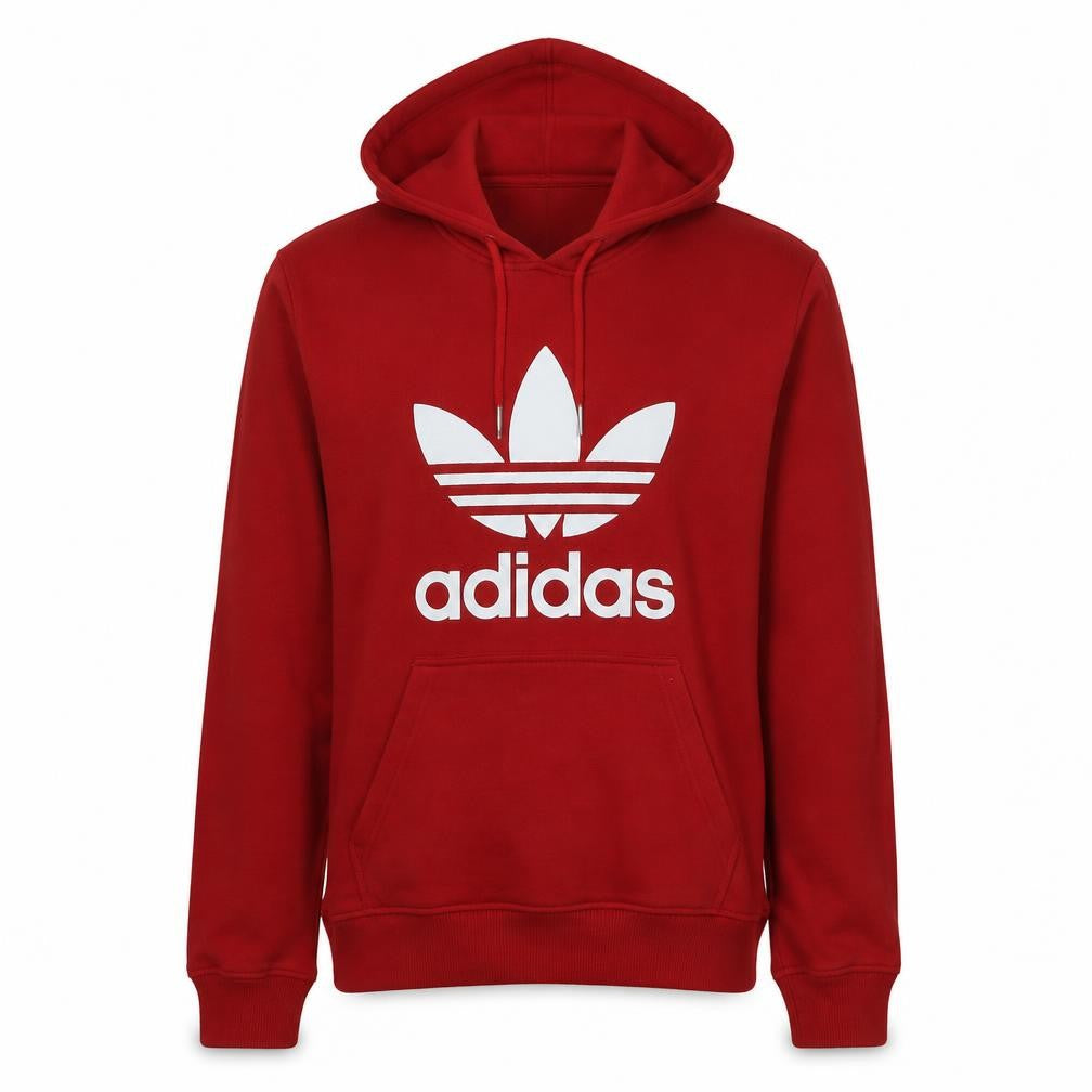 Front view of Adidas men’s red pullover hoodie large logo print cotton fleece