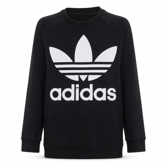 Front view of Adidas women’s black, size UK 8, crew neck trefoil logo sweatshirt