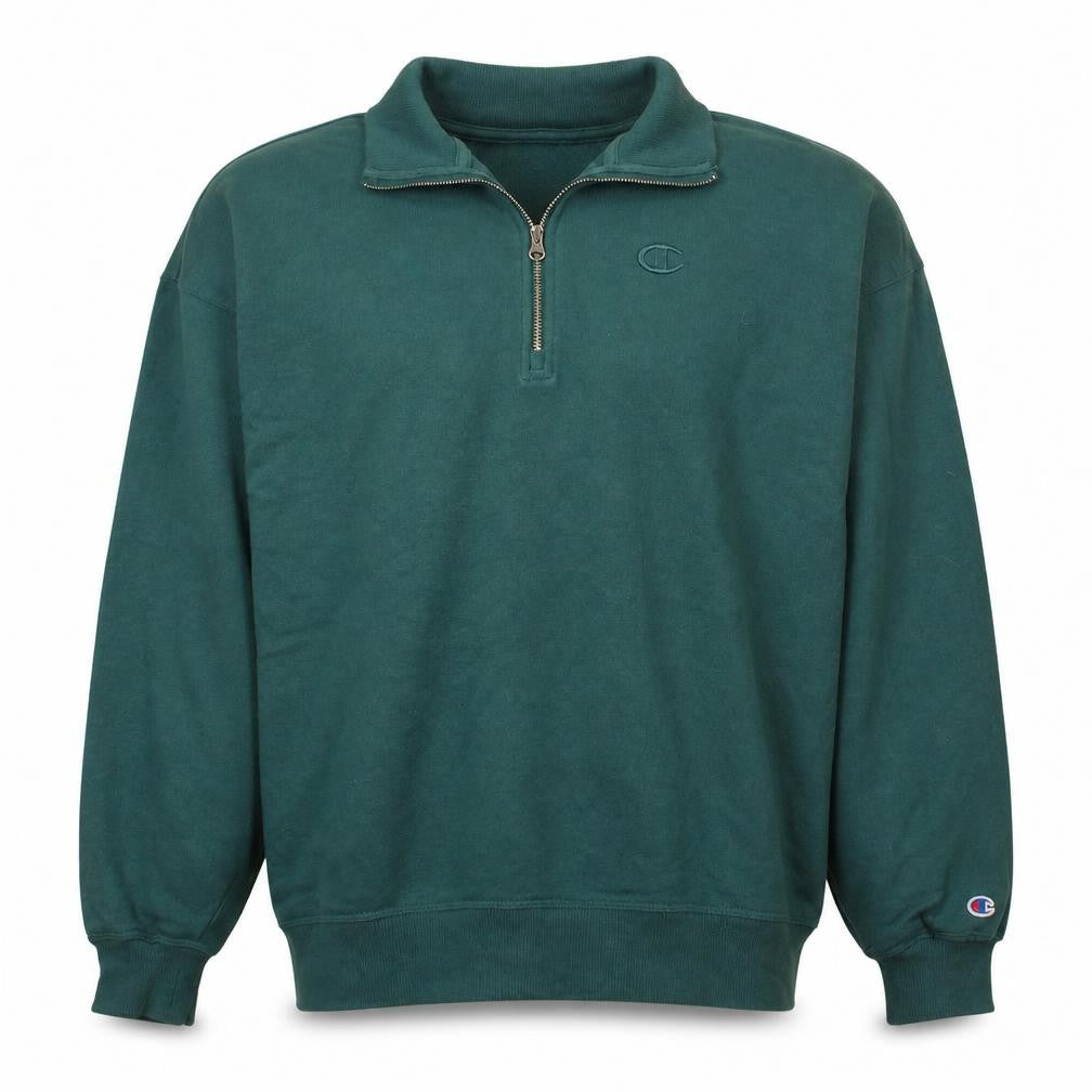 Front view of Champion Men’s Green 1/2 Zip Fleece Sweatshirt, size S