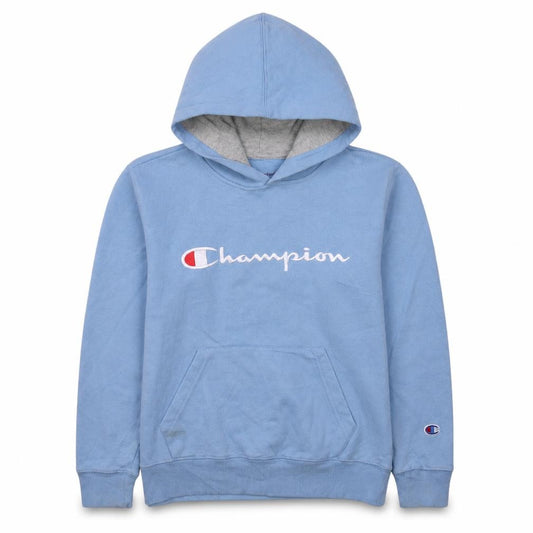 Front view of Champion Women’s Blue Pullover Hoodie Medium Logo Sweatshirt