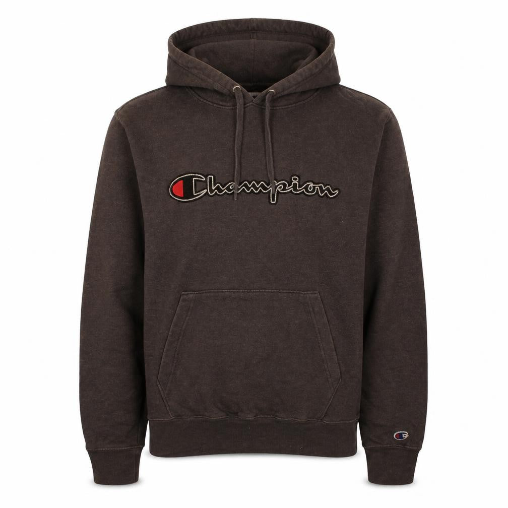 Front view of Champion Men's Brown Pullover Hoodie M Logo Fleece Sweatshirt
