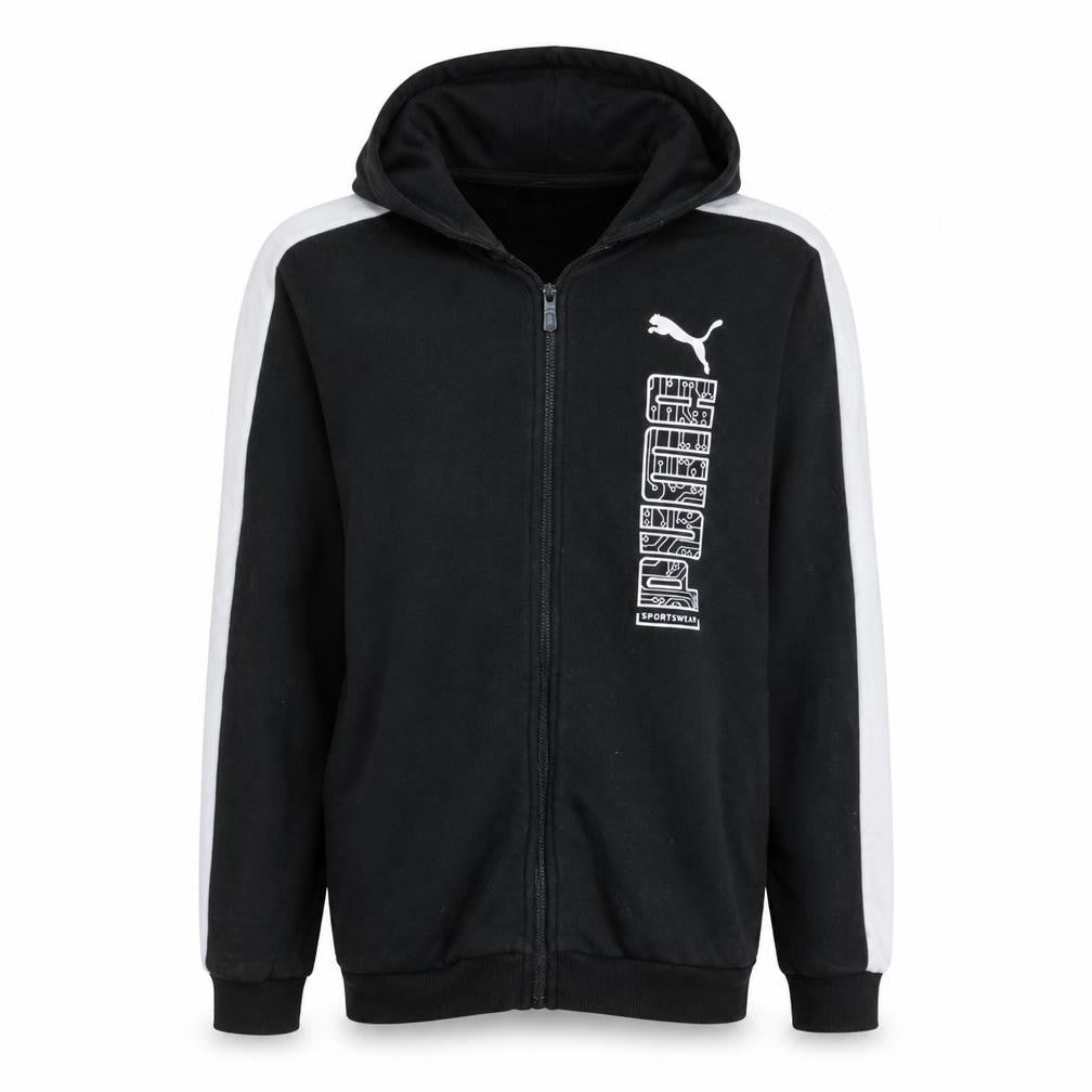 Puma Boys Black Full Zip Hoodie 15-16 Years Sportswear Logo Cotton Blend
