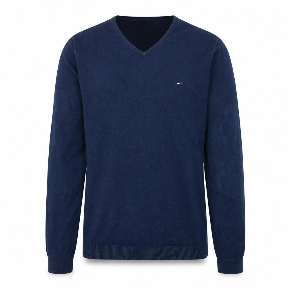 Front view of Tommy Jeans Men’s Blue V-Neck Cotton Blend Jumper, size S