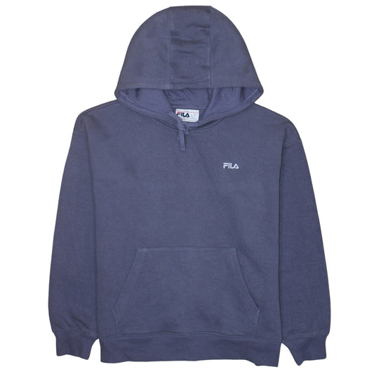 FILA Men Blue Pullover Hoodie L Logo Fleece Sweatshirt