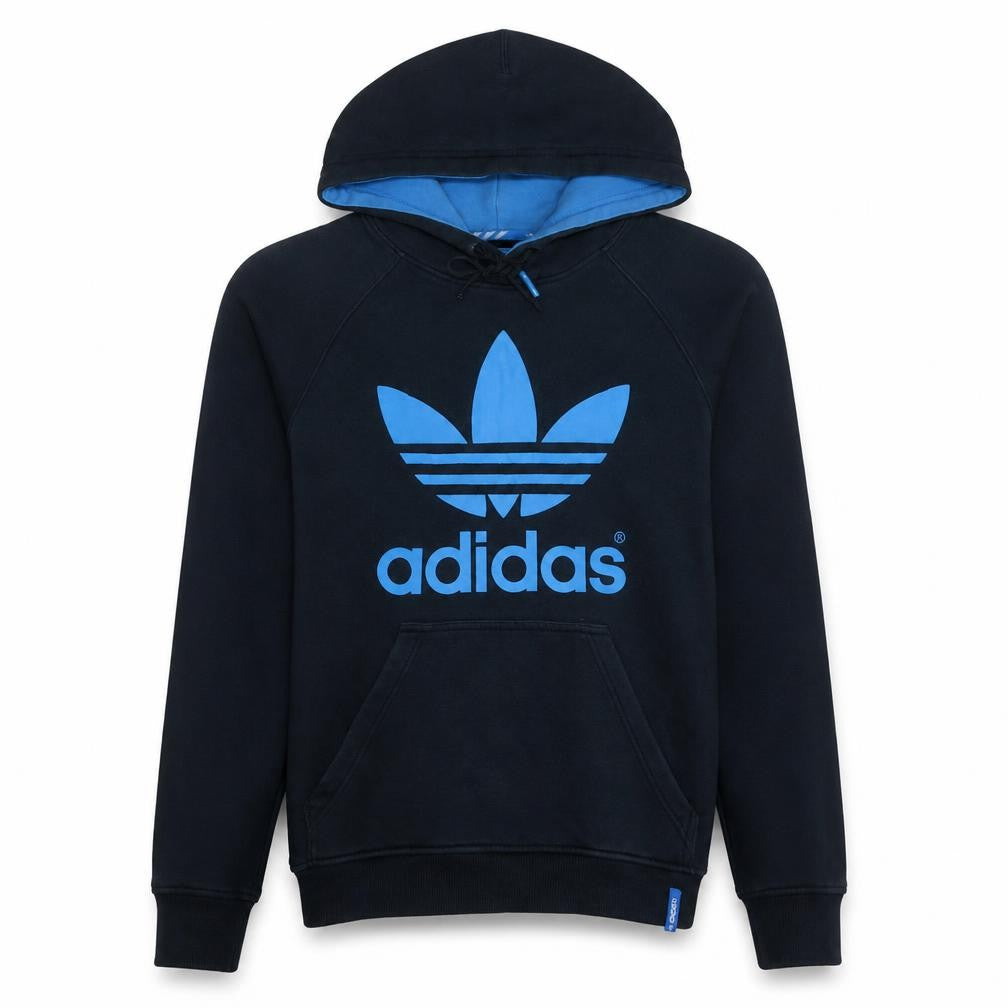 Front view of Adidas Men's Black XL Pullover Hoodie with Blue Logo